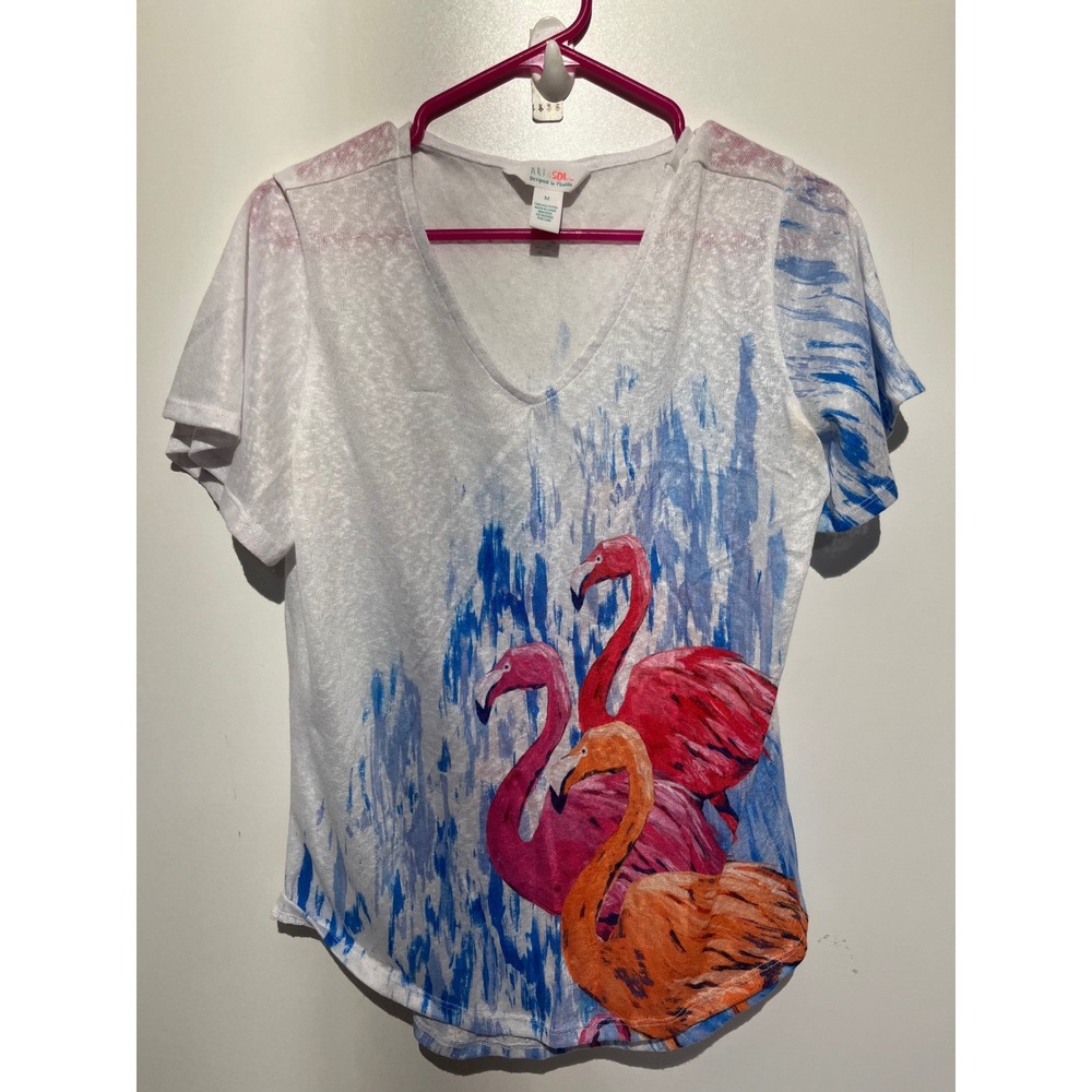 Art & Sol Flamingo Graphic V-Neck Burnout Knit Tee White Pink Blue Womens Medium